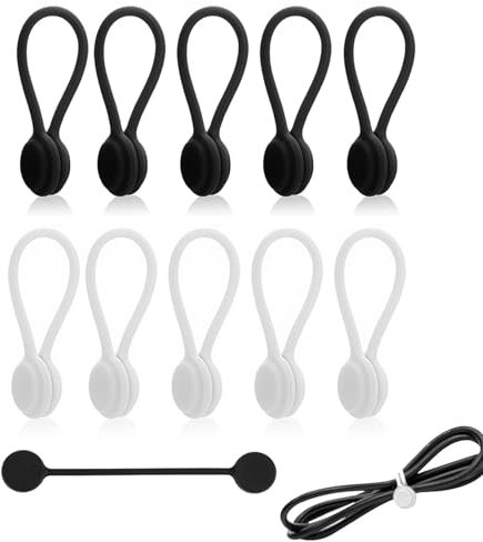 10 Pezzi Magnetiche Fascette Riutilizzabili Gestore,11cm Fascette Magnetiche in Silicone,Fascette Cavi Magnetiche Clip,Clip per Cavi Magnetici,Per Cavi Dati, Auricolari,Gestione dei Cavi (Bianco,Nero)