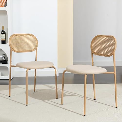 Julyue Rattan Esszimmerstühle 2er Set, Moderner Küchenstuhl Rattanstuhl mit Metallbeinen und Unabhängige Rückenlehne, Polsterstühle, Esstisch Stühle für Esszimmer, Wohnzimmer (Natur)