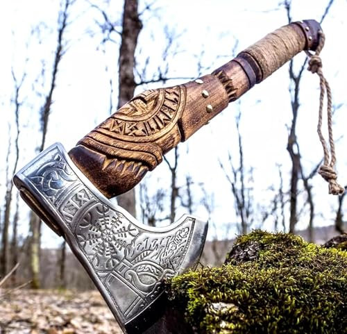 Viking Axe High Carbon Steel Blade Hand Forged Hunting, Ashwood Handle, Vikings Bearded Outdoor Axes, Hatchet, Real Tomahawk Gift, Wood Splitting Ax, Xmas Birthday Gift Axes with Leather Cover