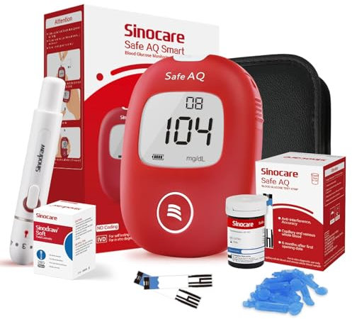 Sinocare Glucómetro, Medidor Glucosa en Sangre, 25 x Tiras de Prueba y Dispositivo de Punción - mg/dL (Safe AQ Smart)