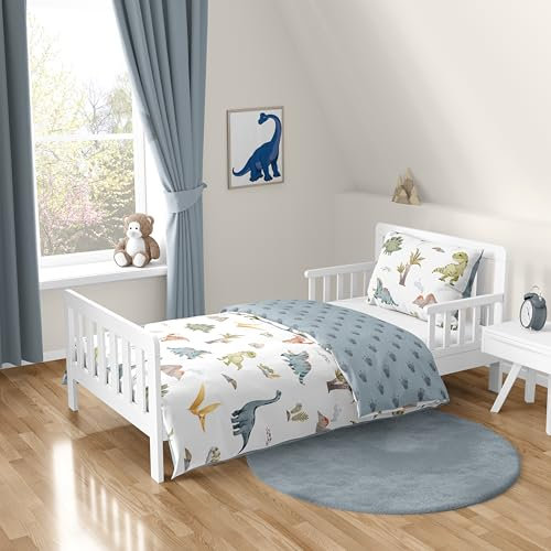 Sweet Jojo Designs Watercolor Dinosaur Dino Boy Toddler Bedding Set Kids 5p Bed in a Bag Comforter Blanket Pillowcase Sham Sheets Green Slate Blue White Modern Jurassic Nature Animal Tracks Footprint