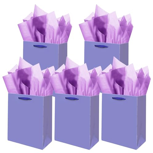Gcardist Light Purple Gift Bags with Tissue Paper for Wedding, Birthday, Party Supplies-20x11x24cm Medium Size Cardboard Gift （8x4.3x10Inch,5pcs Bags + Tissue Paper ）