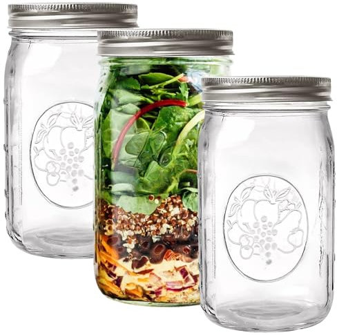 Wide Mouth Mason Jars 32 oz - 3 Pack - Quart Size Jars with Airtight Lids and Bands for Canning, Fermenting, Pickling, DIY Decors, Microwave & Dishwasher Safe, Clear.