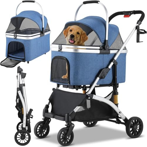 Hundebuggy 3 in1 Hundewagen Hundebox Transporttasche,Faltbar klappbar Katzenwagen,Bis 20kg,4 PCS 360° Verschleißfeste Gummiräder, Ablagekorb, Getränkehalter,für kleine Hunde Katz, Blau