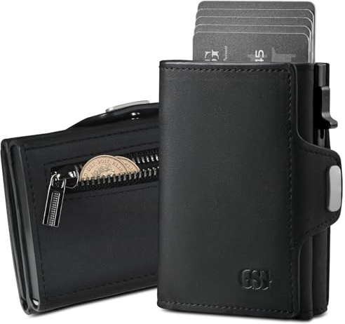 GSG SINCE 1998 Men's Leather Wallet Pop Up Card Holder Black | RFID Blocking, Slim Wallet with Coin Pocket, ID Window & Cash Slot, Holds 10 Cards, Gift Box