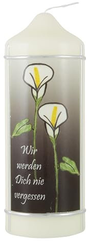 LivuX Trauerkerze „Wir werden dich nie vergessen“ Eierschale 16,5 cm x 6 cm – Stumpenkerze aus Paraffinwachs, ca. 40 Std. Brenndauer – Gedenkkerze für bleibende Erinnerung & liebevolles Andenken 1057
