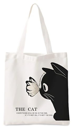 Bolsa de lona con diseño de gato negro para mujeres y niñas, bolsa de compras reutilizable con asas largas para compras, trabajo, viajes