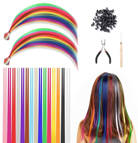 60 Pièces Kit Extension de Cheveux Colorés, 50cm Synthétiques Cheveux | pour Enfants, 15 Couleurs Extension de Meches Cheveux Tresse Cheveux Postiche, Crochet avec 100 Perles Pince pour Tresses