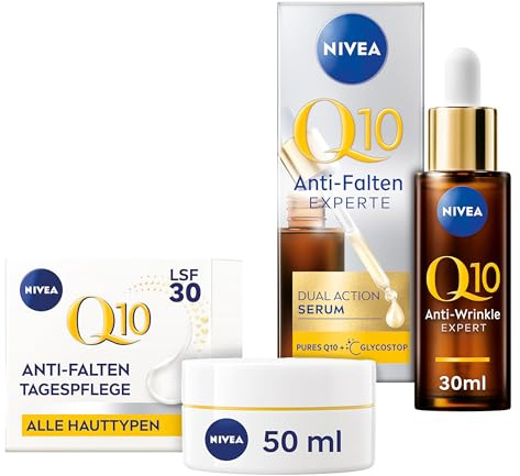 NIVEA Q10 Anti-Falten Gesichtspflege Set, Q10 Tagescreme (50 ml) mit Kreatin und straffendes Serum (30 ml) mit Anti-Glykationstechnologie, mildert und beugt Falten vor