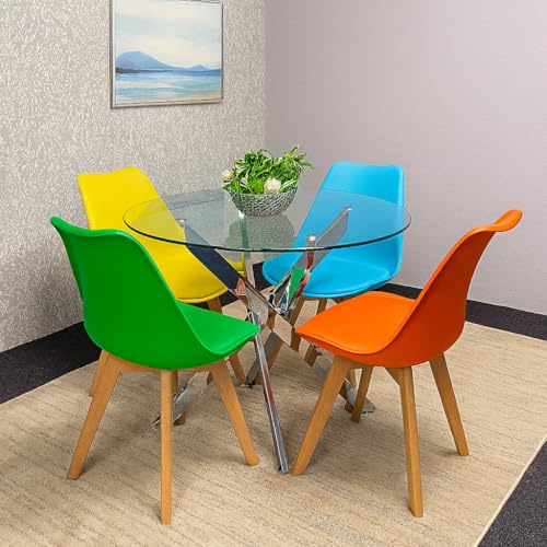 KOSY KOALA Round Glass Dining Table and 4 mix Colour leather Chairs