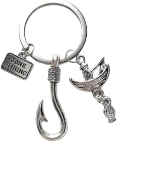 YIQPKUM Angelausflug Schlüsselanhänger Geschenk Zinklegierung Angelhaken Boot Schlüsselring Accessoire Rucksack Auto Schlüssel Anhänger (Versilbert)