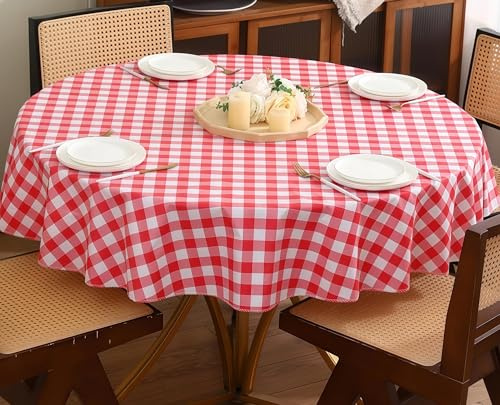 LOSTTYPE Rote PVC-Tischdecke, kariert, 152 cm, rund, wasserdicht und ölbeständig, leicht zu reinigen, mit gesäumtem Rand, für Weihnachten, Geburtstag, Party, Hochzeit, Restaurant, Picknick, Camping