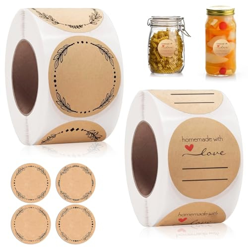 1000 Stück Marmeladen Etiketten Selbstklebend,5 cm Kraft Etiketten Aufkleber,Handmade Aufkleber,Runde Etiketten Selbstklebend,Aufkleber Marmeladengläser,Beschreibbare,für Küche,Geschenktüten,Hochzeit