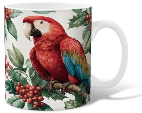 Tasse à café en céramique avec motif perroquet, baies tropicales naturelles, feuilles d'été rouge, tasse à thé fantaisie avec poignée, cadeau pour amis, famille, amoureux, personnes âgées, collègues