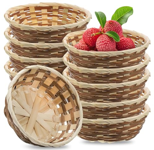 10 Pcs Gift Baskets Empty, 17 cm Food Baskets Round Woven Bamboo Bread Basket Handmade Natural Bamboo Basket for Table Restaurant Display Decor