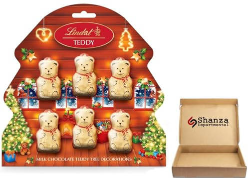Lindat Teddy Gold Milk Chocolate Christmas Tree Decorations 60g (6 Teddies) – Festive Hanging Teddies – 2025 Stocking Filler Gift for Adults & Kids
