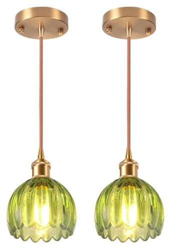 DLGLOLIN Lot de 2 Suspension en Verre Verte Fleur Vintage Laiton Doré Lustre Salon Moderne Éclairage de Plafond Art Déco Intérieure Suspendues Pour Salle à Manger Chambre Cuisine