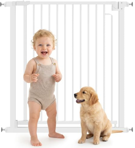 PawHut Treppenschutzgitter ohne Bohren für Kinder Küche 76-80 x 76 cm Weiß | Absperrgitter Hund Schutzgitter, Türschutzgitter mit Verlängerung, Automatische Schließung, Beidseitige Einhand Öffnung