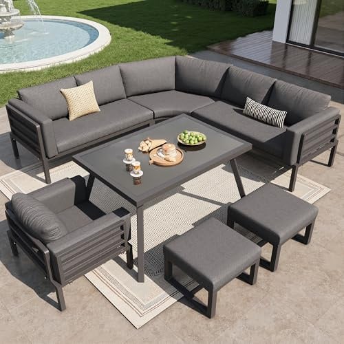 BTM Halbmond-förmiges Gartensofa-Set für 8 Personen/Robustes Eisengestell mit grauen Polstern/Komplett mit Glastisch, 1 Sessel & 2 Hockern/Wetterfeste Terrassenmöbel für Balkon