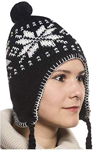 Peruanische Mütze Chullo Ch'ullu mit Bommel, Unisex, Herren/Damen, Farben zur Auswahl, schwarz 2, One size