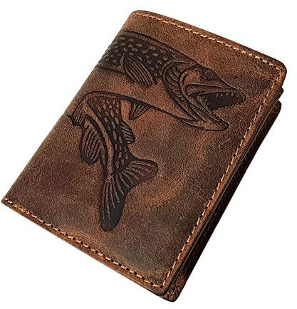 myledershop Kleine Echt Büffel-Vollleder Geldbörse/Geldbeutel/Portemonnaie/Geldtasche in Hochformat mit Fisch-Motiv oder ohne Motiv mit RFID & NFC Schutz (Mit Fisch-Motiv/Braun)