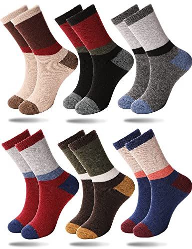 Sandsuced Kids Warm Merino Wool Socks for Walking Toddlers Boys Girls Winter Thermal Thick Heavy Cosy Cabin Boot Gift Crew Hiking Striped Socks 6 Pairs (Stripe C,8-12 Y)