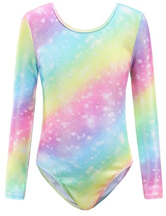 Sinoeem Ragazze Ginnastica Leotards Gradient Colour Sparkle Body Danza Ginnastica Artistica per Bambina Girocollo Senza Maniche/Maniche Lunghe per Ragazze (Arcobaleno - manica lunga, 11-12 anni)
