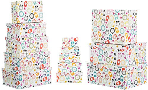 Brandsseller 13er Set Aufbewahrungsboxen mit Deckel verschiedene Größen - Geschenkboxen stabiler Karton - Uhren - Bunt