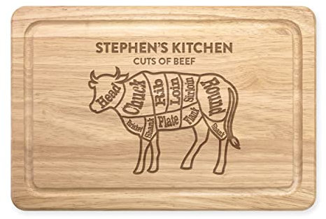 Personalised Name Cuts of Beef Meat Steak Cow Butchers Guide Rectangular Wooden Chopping Board Meat Serving Board