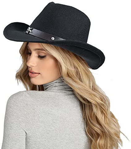 HilyBony Western-Cowboyhüte für Damen, klassische Cowgirl-Filz-Fedora-Hüte mit Gürtel, Schwarz mit Sternengürtel, M