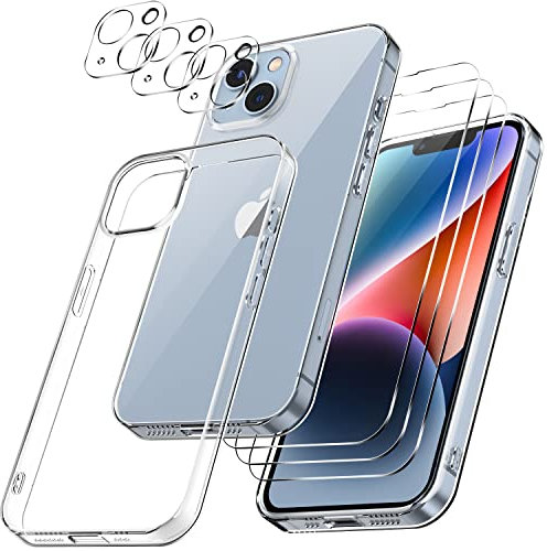 Guscase Coque Compatible avec iPhone 14 6,1 Pouces + 3 Verre Trempé Protection écran et 3 Caméra Protecteur, Flexible Silicone Transparente Case TPU Mince Claire Anti-Rayures Housse pour iPhone 14
