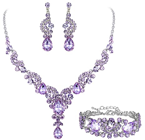 EVER FAITH Kristall Schmuckset Hochzeits Braut Art Deco Floral Teardrop Halskette Ohrringe und Armband Set Hell Lila Silber-Ton