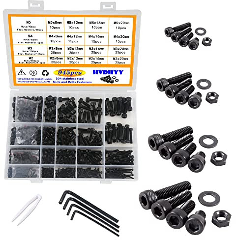 HVDHYY 945Stück M2 M3 M4 M5 Schrauben Set aus Kohlenstoffstahl Schraube Muttern und Unterlegscheiben Sortiment Kit Schwarz Innensechskant Schrauben set Maschinenschrauben mit a Aufbewahrungsbox