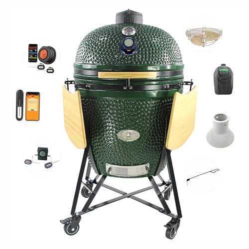 YNNI 27,6 Green XXL Chip Feeder Kamado Bundle Forno BBQ Grill Extra inc Trolley TQTT27GR