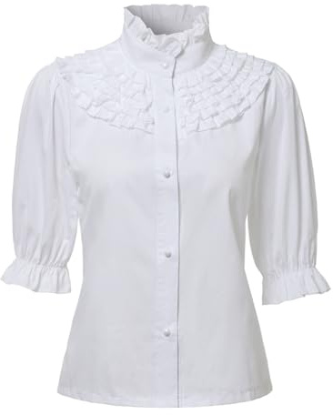 Camisa victoriana renacentista para mujer, cuello alto, media manga, vintage, medieval, campesina, blanco, S