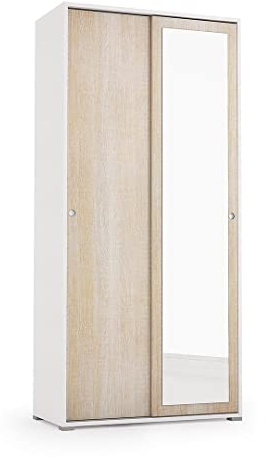 Kiamami Valentina Armoire coulissante multifonctionnelle en chêne et Blanc avec Porte Miroir et Tringle à vêtements