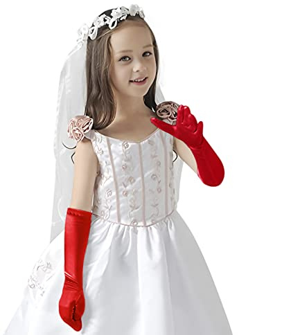 Blumenmädchen Handschuhe Pincess Pearl Lange Satin Handschuhe Lange Prinzessin Kostüm Zubehör Hochzeitskleid Perlstickerei Handschuhe Mädchen Kommunionshandschuhe für Hochzeit Party Dekoration