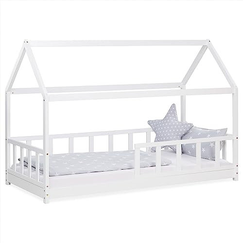 Homestyle4u 2385, Bodenbett 90x200 mit Rausfallschutz Weiß Holz Hausbett Montessori Kinderbett mit Lattenrost Kiefer