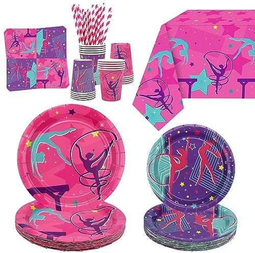Gymnastik Geburtstag Party Dekorationen - Gymnastik Thema Party Supplies für Ihre kleinen Tanzturner mit Gymnastik Tischdecke, Teller, Servietten, Geschirr, serviert 20