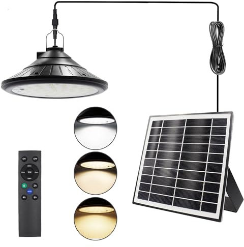 Lámparas solares colgantes para exterior/interior, 4 modos luz solar interior casa con control remoto regulable 4 Brillo IP66 impermeable cable 5 m, luz solar exterior para garaje,terraza, Jardin