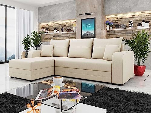 Best Mobilier - Canapé d'angle Convertible avec Coffre Réversible Harvey en Tissu - Canapé Lit - Sofa Beige 4 Places - Angle Droit - ou Gauche - Salon