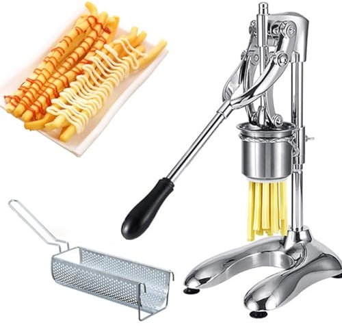 30cm Manual French Fries Maker, 12 Holes French Fry Cutter Machine, Fried Potato Strips Squeezers, Stainless Steel Vegetable Chopper with Fried Basket, Potato Slicer Fry Cutter Long Fries Extruder