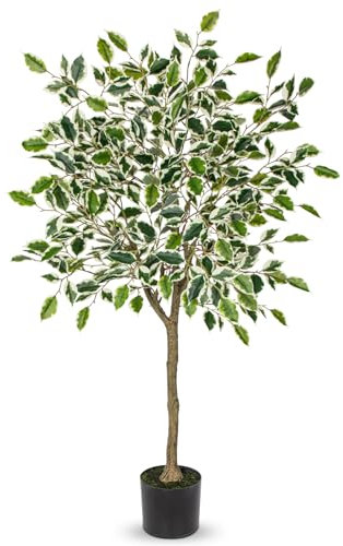 Künstliche Pflanzen Groß Kunstpflanze Benjamini Ficus künstlich Kunstbaum Zimmerpflanze Deko mit Abnehmbar Echtholzstamm für Büro Deco Schlafzimmer Esszimmer drinnen Deko draußen Grün Weiß 120 cm