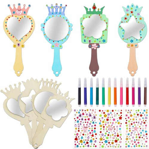 Meanju 8 Stück DIY Holzspiegel Handwerk,Unvollendete Handspiegel,Mini Holz Prinzessin Spiegel,Bastelset Mitgebsel Geschenk Party,Holzspiegel zum Bemalen für DIY Kinder Malen,mit 12 Aquarellstift