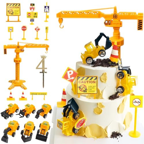 Teselife Tortendeko Baustelle 4 Jahre, Bagger Kuchendeko 4. Geburtstag Junge, Verkehrsschilder Torte Kuchen Deko Cake Topper, Miniatur Baustelle Wichtel Spielzeug Geburtstagsdeko für Kinder Junge