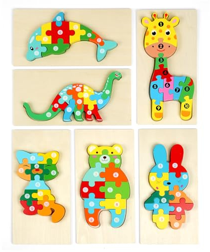 HOTUT Holzpuzzle Spielzeug, 6 Stück Montessori Spielzeug Puzzle, Holzpuzzle ab 1 2 3 Jahren, 3D Kreativ Lernspielzeug für Kinder, Lernendes pädagogisches Baby Puzzle, Geschenk für Jungen Mädchen