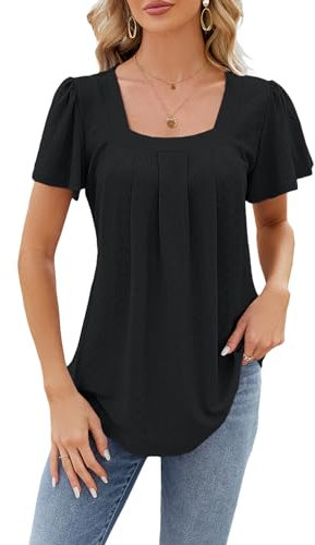 Atxnn Womens Summer Tops Square Neck T-Shirts Ruffle Short Sleeves Blouses Pleated Front Shirts Loose Eyelet Tunic Top, Black X-Large