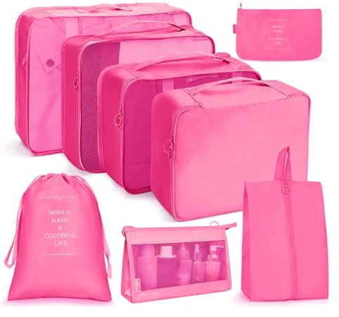 OSDUE Koffer Organizer Set 8-teilig, Packing Cubes, Wasserdichte Reise Kleidertaschen, Packtaschen für koffer, Verpackungswürfel mit Kosmetiktasche, Schuhbeutel, USB Kabel Tasche (Rose Rot)