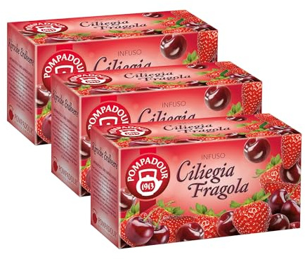 Pompadour, Infuso Ciliegia e Fragola, 60 Filtri (3 Confezioni da 20 Filtri), Dolce e Fruttato, Piace anche ai Bambini, Senza Lattosio, Glutine e Allergeni, Vegan