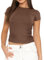 Flintronic Women's Short Sleeve Y2K Top - Basic Scoop Neck Slim Fitted T-Shirt, Crop Top Blouse, Aesthetic Streetwear, Brown, S